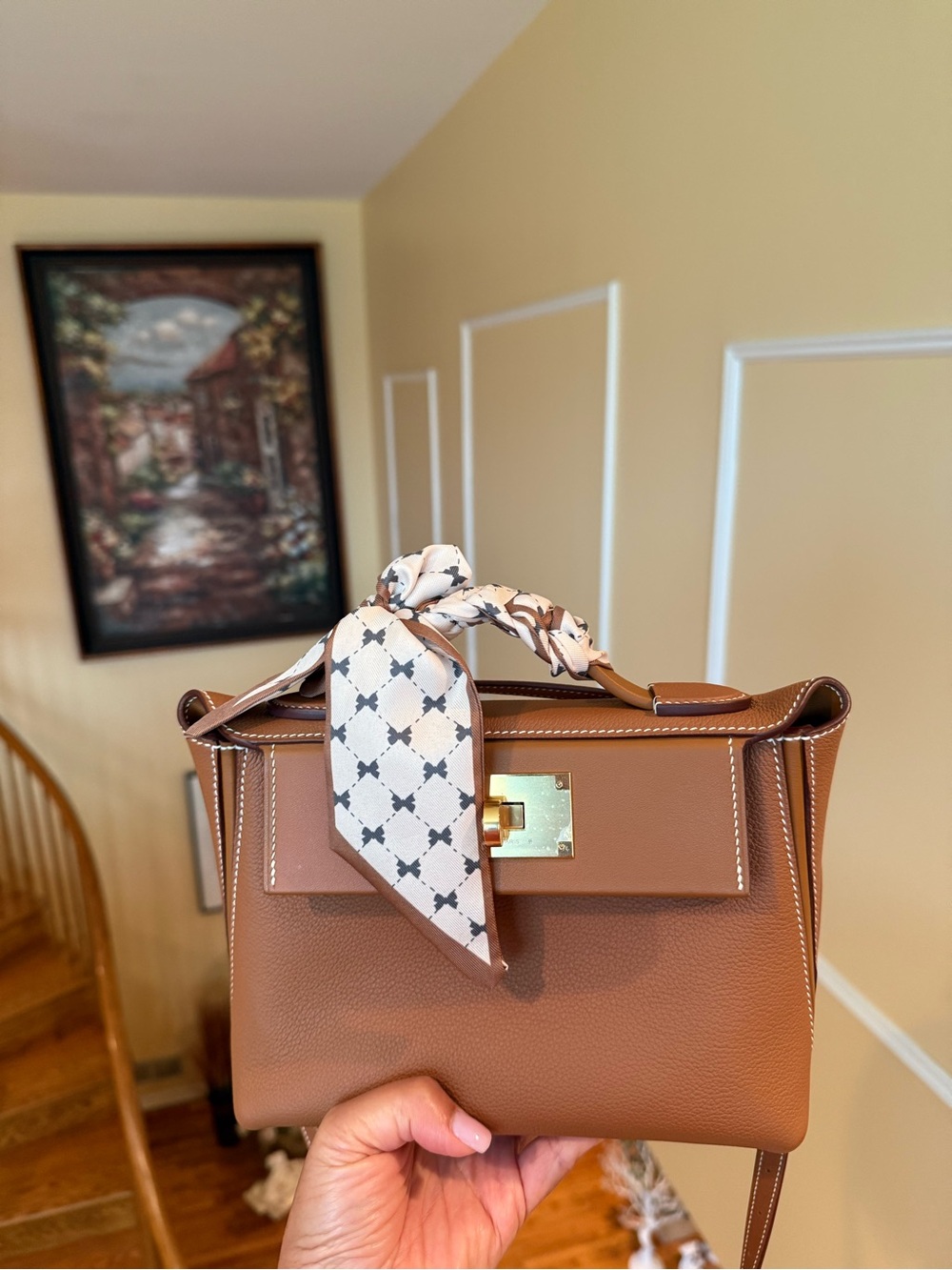 Structured Tan Leather Top-Handle Satchel with Scarf Accent with adj strap